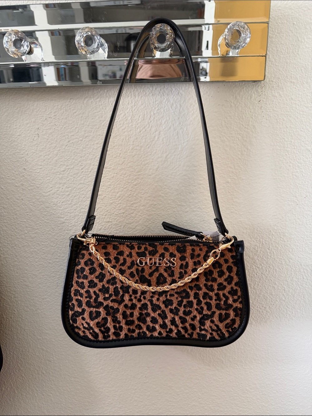 GUESS Leopard Print Shoulder Bag with Black Trim and Gold Chain